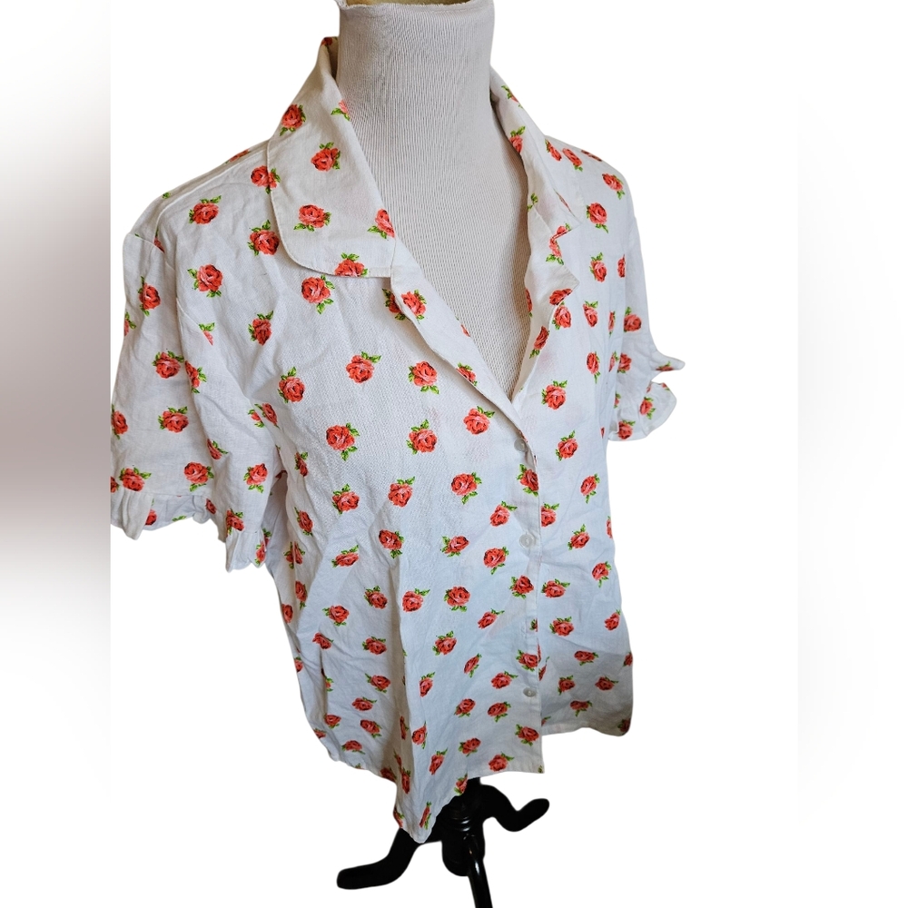 Asos Design Floral Button-Up Shirt Cotton Linen Blend Size 14